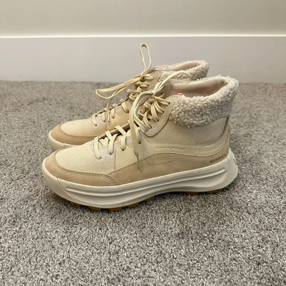 Sorel ONA 503 Mid Cozy Sneaker Boots Sherpa Cream Tan Womens Size 6.5 NL5047